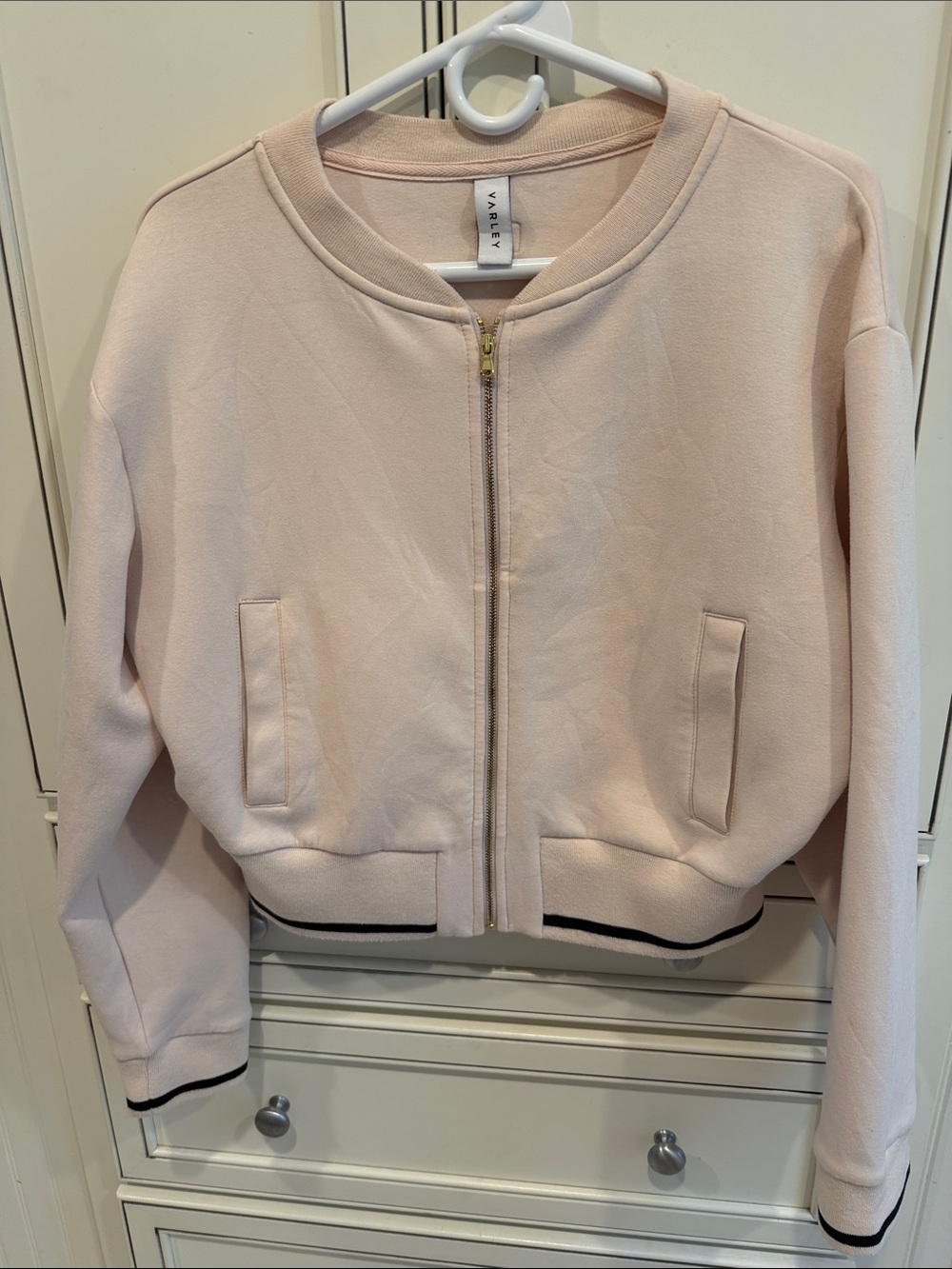 Varley Light Blush Pink Zip Bomber Jacket with Black Trim, M